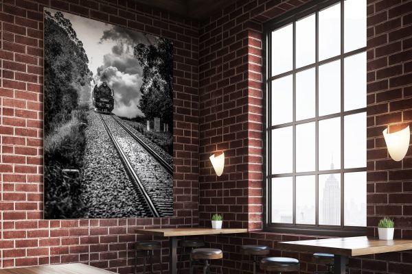 Close up of bar interior with stools, tables and large vertical poster on brick wall. Concept of pub culture. 3d rendering. Mock up. Toned image